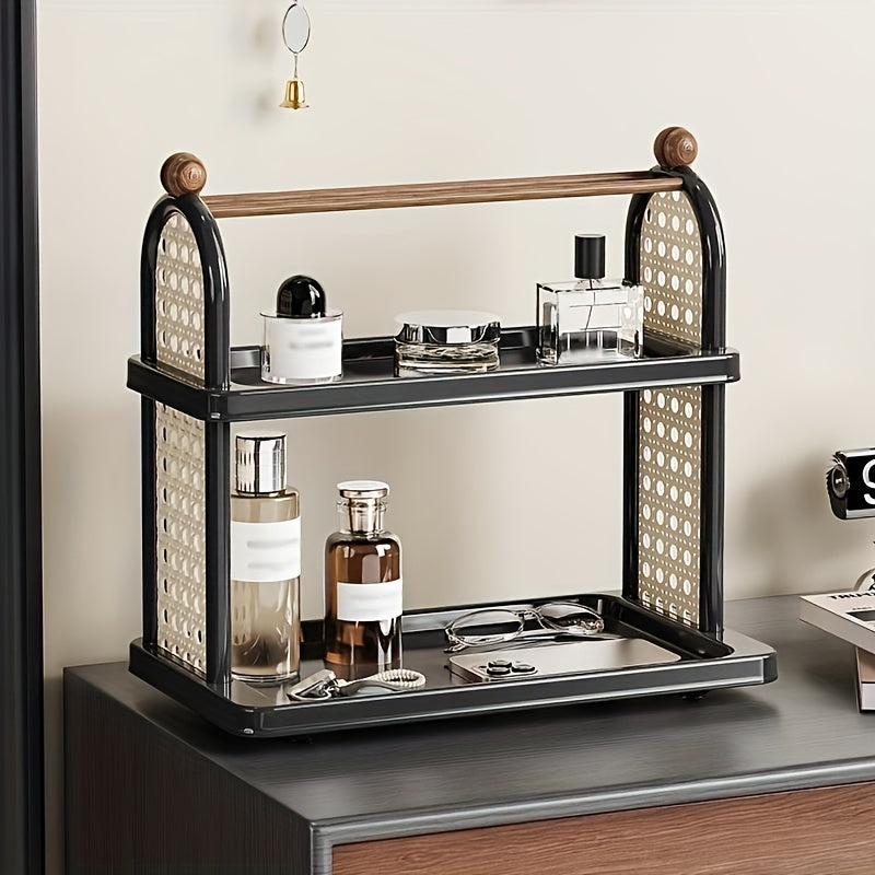 Double Cup Holder Desktop Storage Rack, Large Capacity Organizer Shelf with Hollow Retro Design for Office, Desk and Home, 14.01 x 13.18 Inch