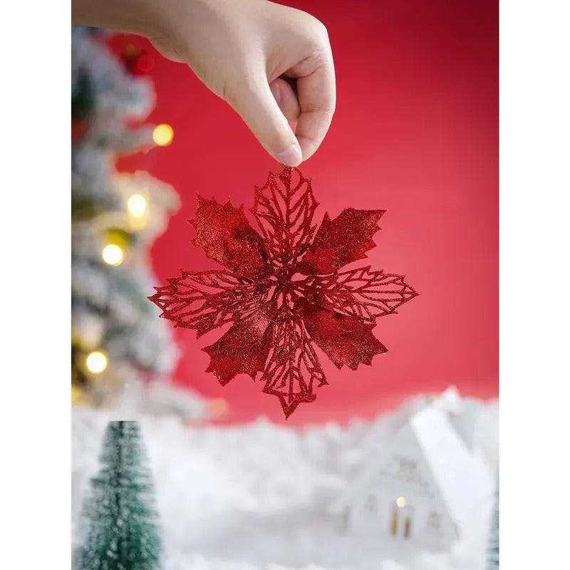 16-Piece 5.9 in Red Glitter Poinsettia Flowers, Clip-On Artificial Christmas Tree Ornaments, Floral Decor for Garland and Home
