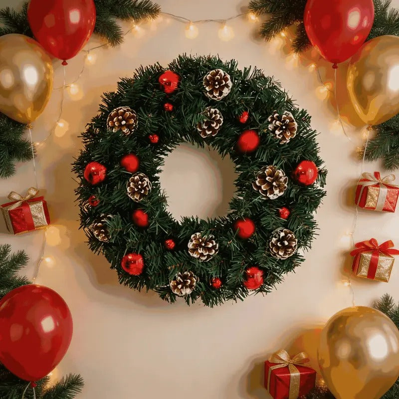 11.8 in Christmas Wreath, Artificial Pine Wreath with Pine Cones and Red Christmas Balls, Decorative Hanging Door Wreath for Home Decor