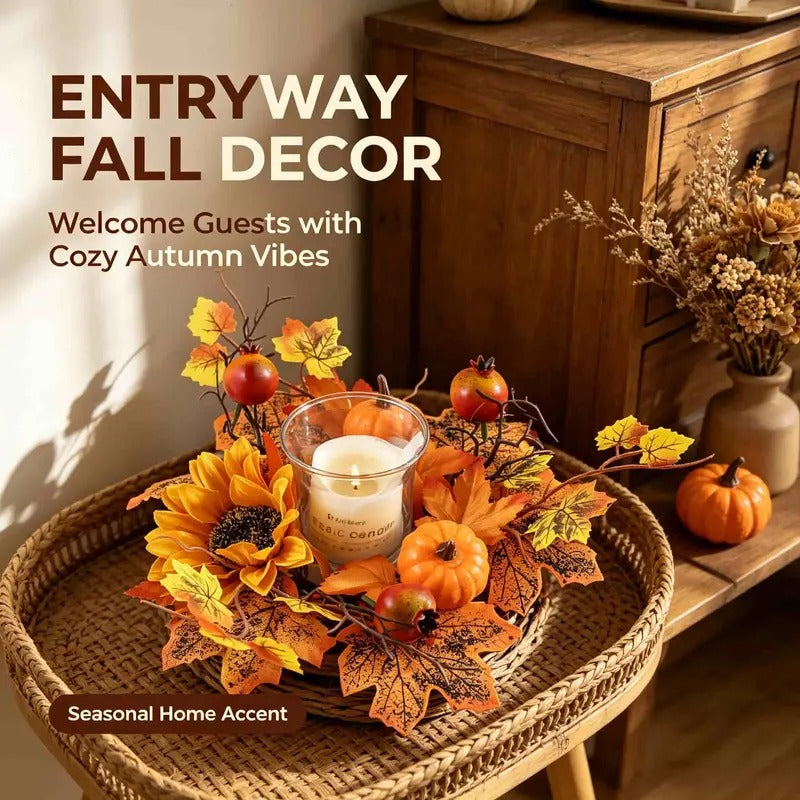 3-Piece Fall Candle Ring Set, Maple Leaf, Sunflower and Pumpkin Wreaths, Berry Leaf Pillar Candle Holders, Table Decor