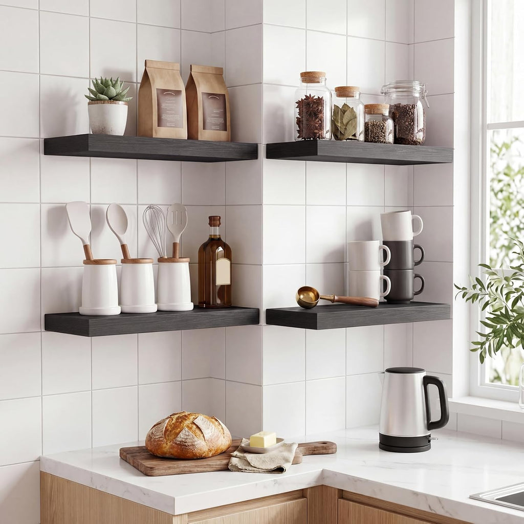 4-Pack 15.8-Inch Floating Wall Shelves, Black Embossed Wood Grain MDF Boards with Iron Brackets for Home Décor and Display