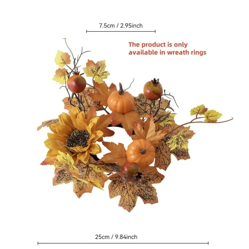3-Piece Fall Candle Ring Set, Maple Leaf, Sunflower and Pumpkin Wreaths, Berry Leaf Pillar Candle Holders, Table Decor