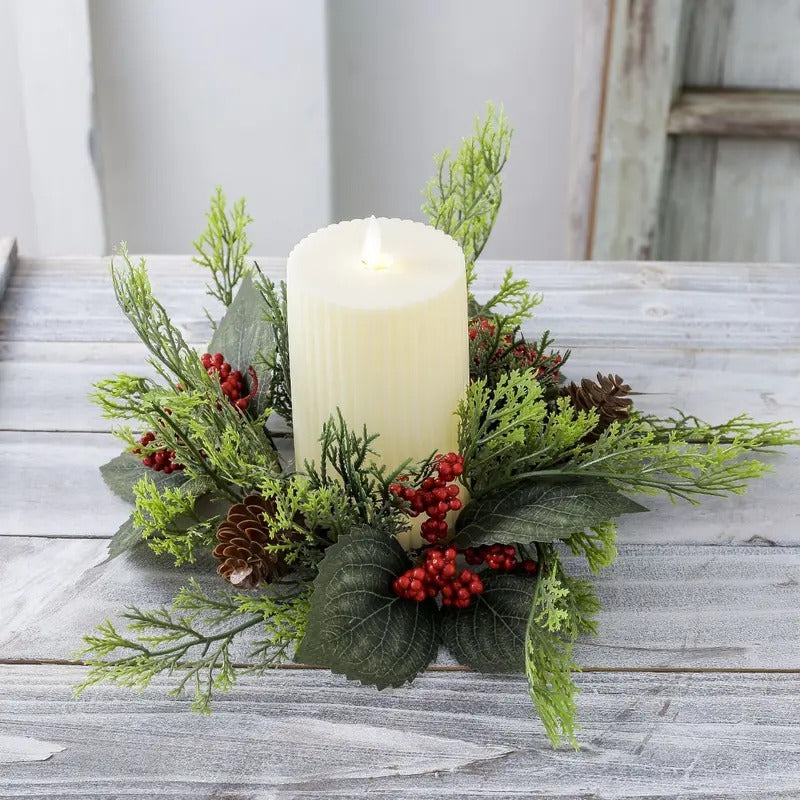 Christmas Candle Ring Wreath Set, Berry and Pine Branch Candle Holders, 2.95 in Inner Diameter Decorative Centerpieces for Table, Mantel and Wall Decor