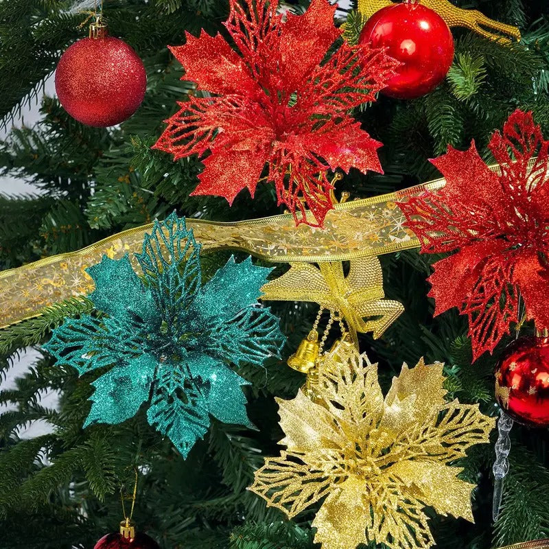 16-Piece 5.9 in Red Glitter Poinsettia Flowers, Clip-On Artificial Christmas Tree Ornaments, Floral Decor for Garland and Home