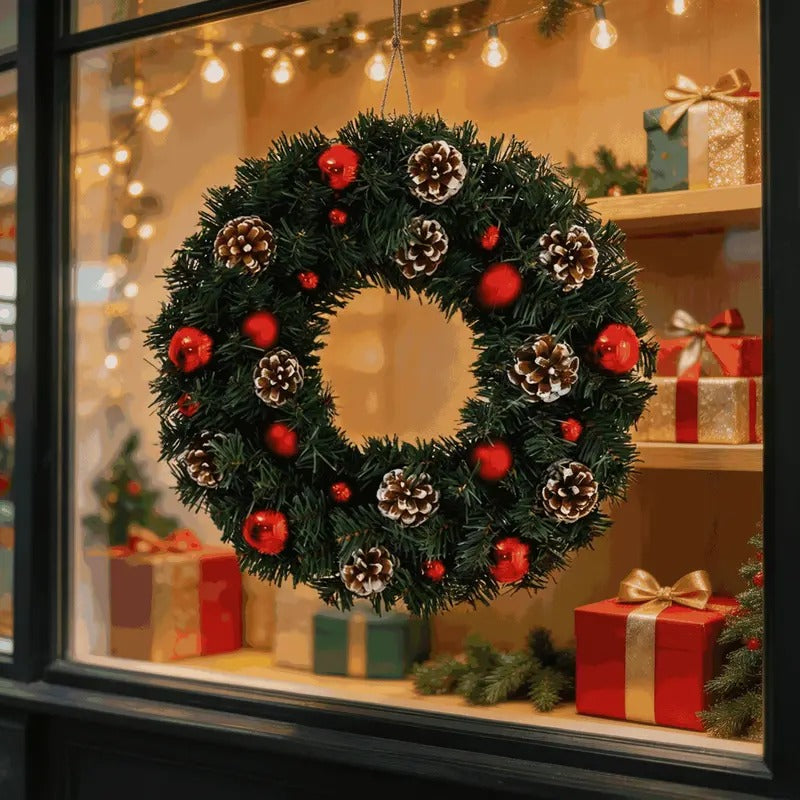 11.8 in Christmas Wreath, Artificial Pine Wreath with Pine Cones and Red Christmas Balls, Decorative Hanging Door Wreath for Home Decor