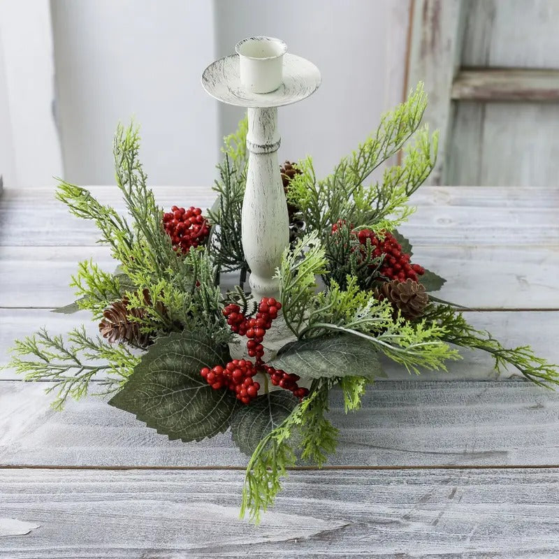 Christmas Candle Ring Wreath Set, Berry and Pine Branch Candle Holders, 2.95 in Inner Diameter Decorative Centerpieces for Table, Mantel and Wall Decor