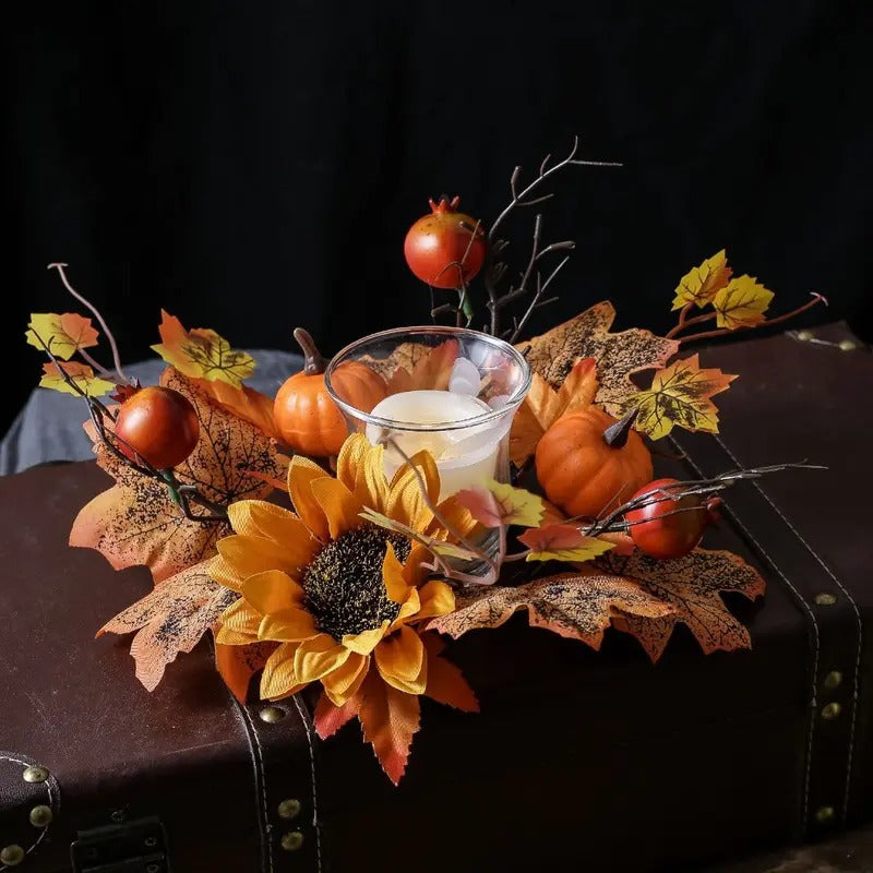 3-Piece Fall Candle Ring Set, Maple Leaf, Sunflower and Pumpkin Wreaths, Berry Leaf Pillar Candle Holders, Table Decor