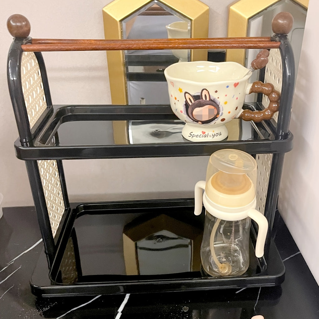 Double Cup Holder Desktop Storage Rack, Large Capacity Organizer Shelf with Hollow Retro Design for Office, Desk and Home, 14.01 x 13.18 Inch