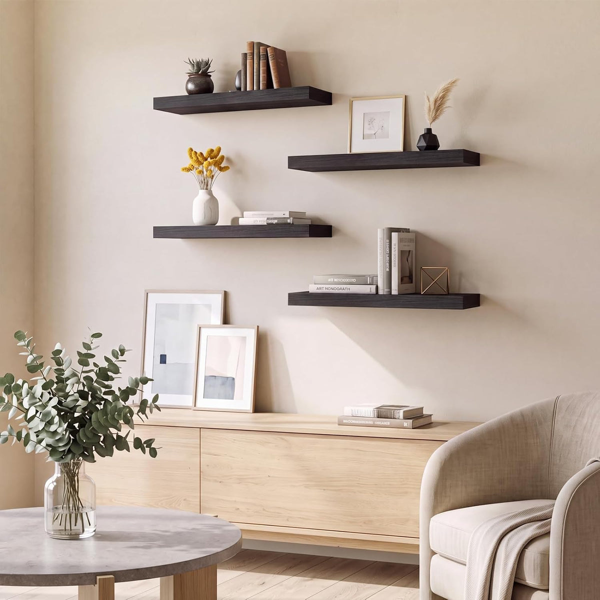 4-Pack 15.8-Inch Floating Wall Shelves, Black Embossed Wood Grain MDF Boards with Iron Brackets for Home Décor and Display