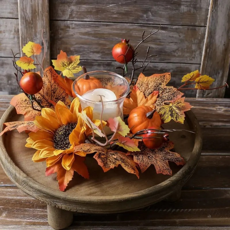 3-Piece Fall Candle Ring Set, Maple Leaf, Sunflower and Pumpkin Wreaths, Berry Leaf Pillar Candle Holders, Table Decor