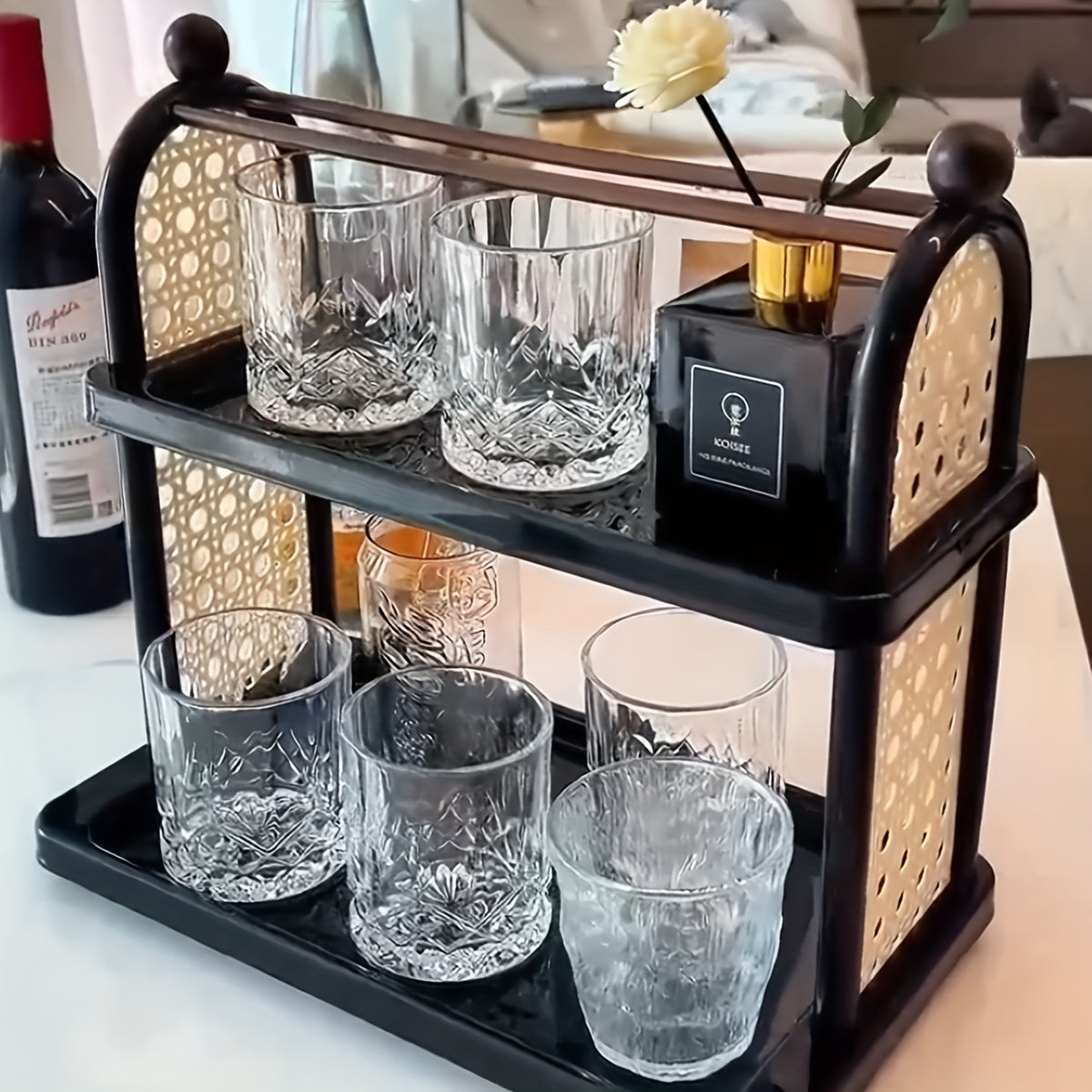 Double Cup Holder Desktop Storage Rack, Large Capacity Organizer Shelf with Hollow Retro Design for Office, Desk and Home, 14.01 x 13.18 Inch