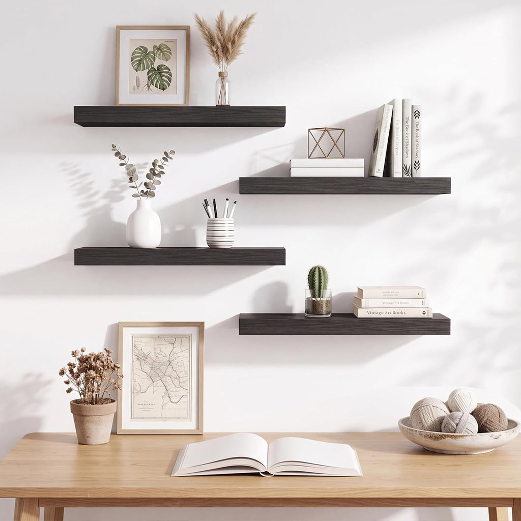 4-Pack 15.8-Inch Floating Wall Shelves, Black Embossed Wood Grain MDF Boards with Iron Brackets for Home Décor and Display
