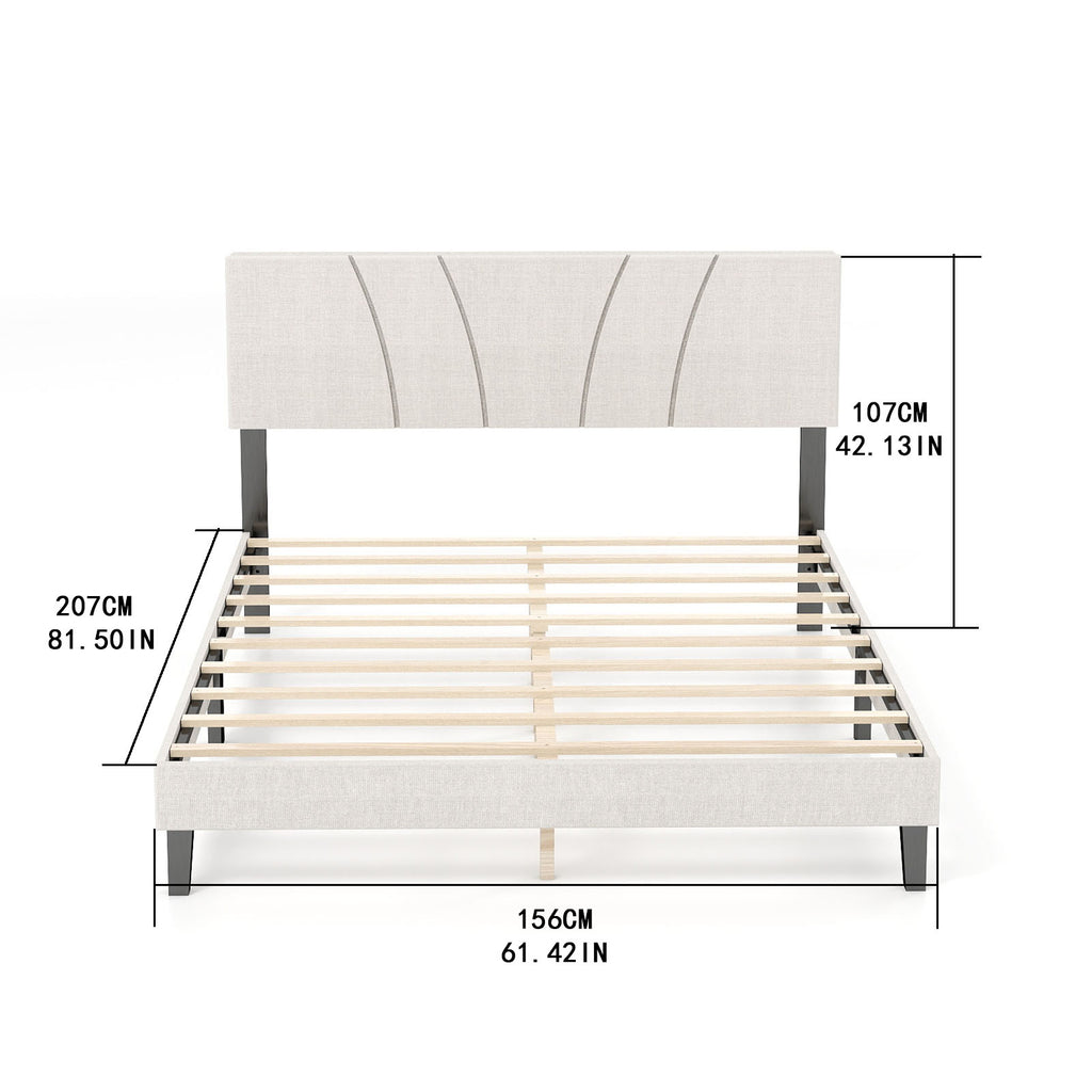Bed Frame with Linen Headboard and Metal Legs Solid Wood Slats Mattress Platform for Bedroom Beige