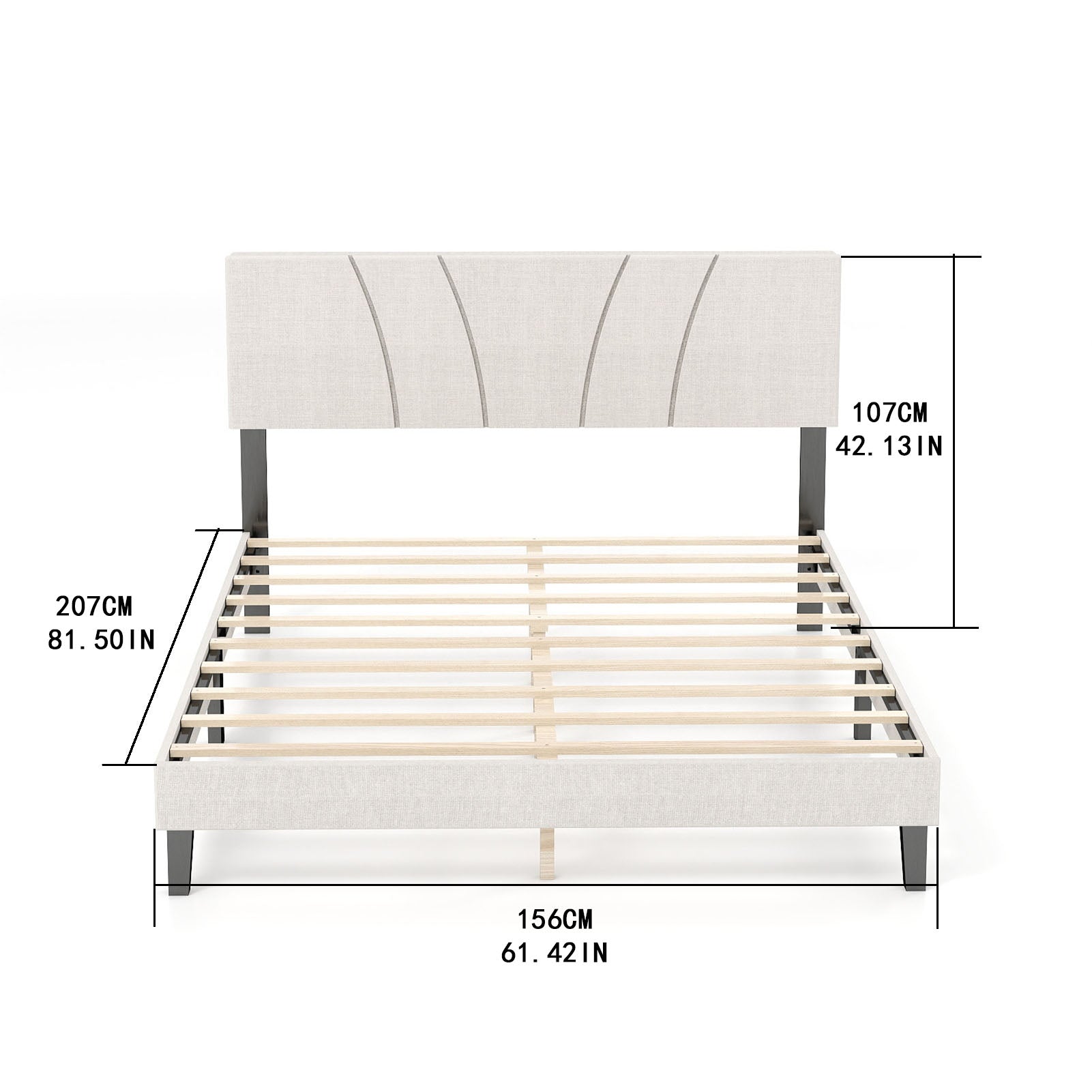 Bed Frame with Linen Headboard and Metal Legs Solid Wood Slats Mattress Platform for Bedroom Beige