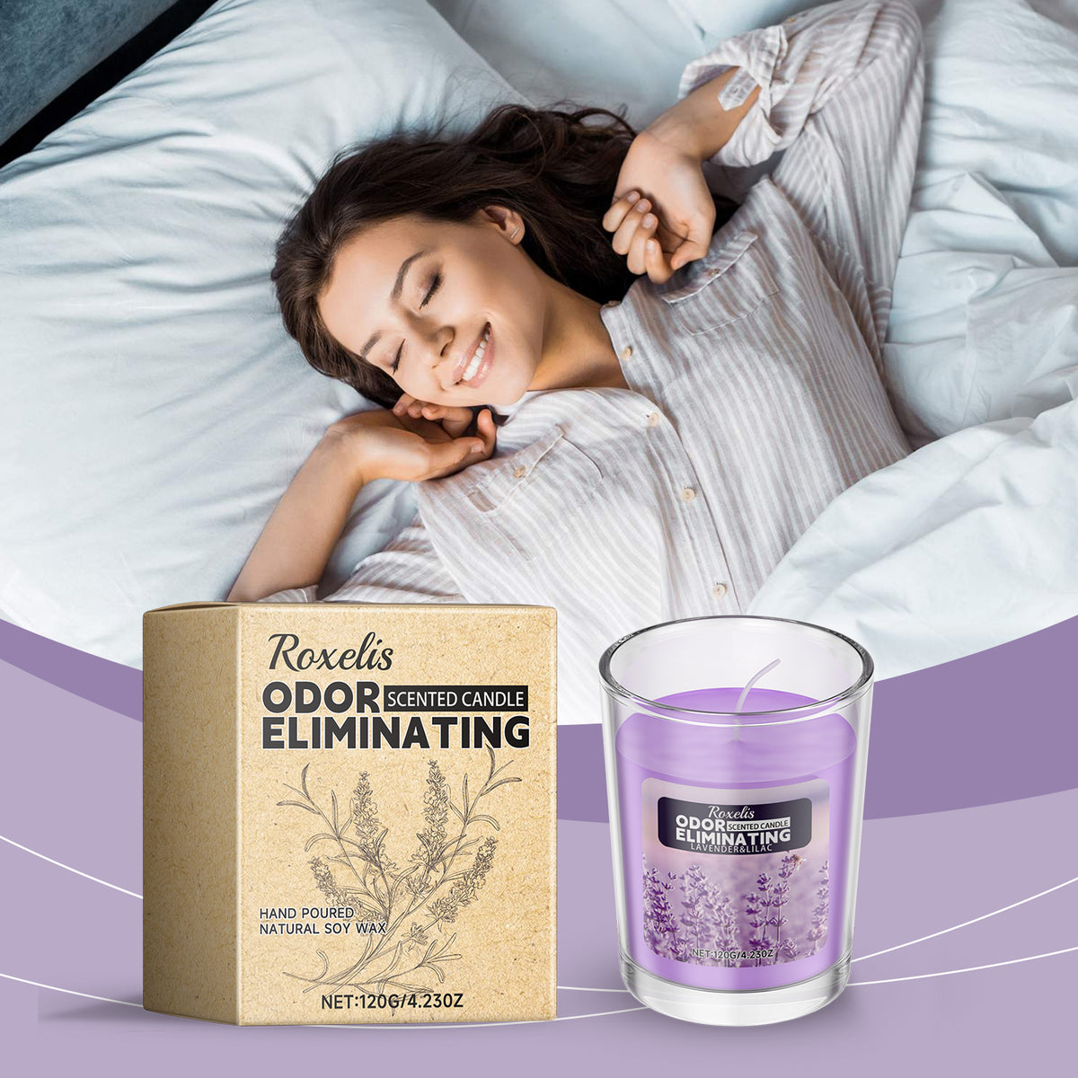 Odor Eliminating Lavender Scented Candle, Natural Soy Wax Aroma Candle for Home Bedroom, Long Lasting Fragrance Stress Relief Candle Gift