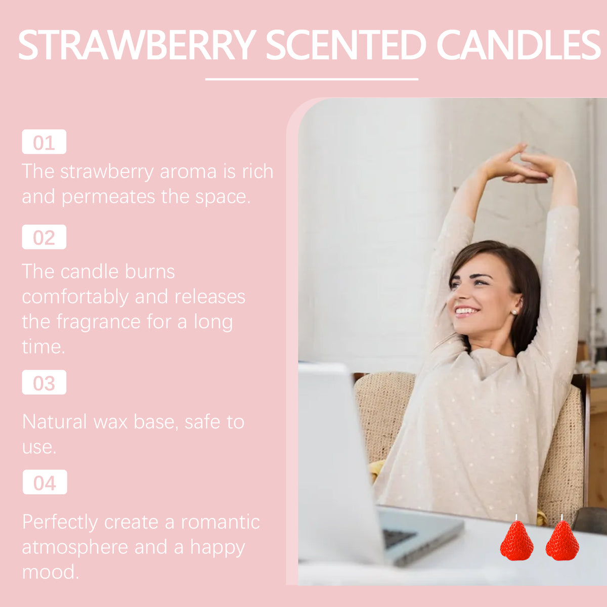 3 Pack Strawberry Shaped Scented Soy Wax Candles, Vanilla Strawberry Fragrance Candle for Bedroom, Romantic Home Decor & Holiday Gift