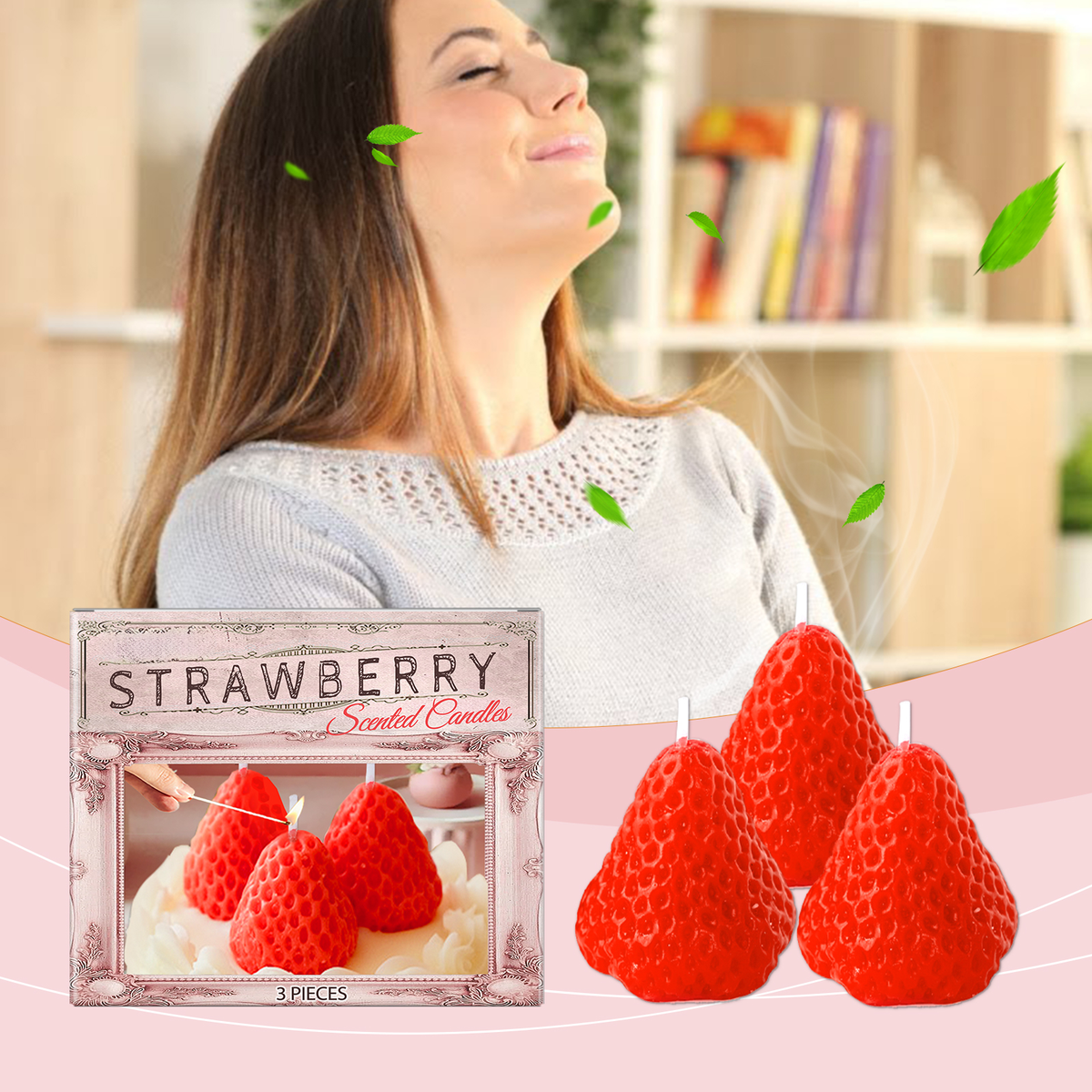 3 Pack Strawberry Shaped Scented Soy Wax Candles, Vanilla Strawberry Fragrance Candle for Bedroom, Romantic Home Decor & Holiday Gift