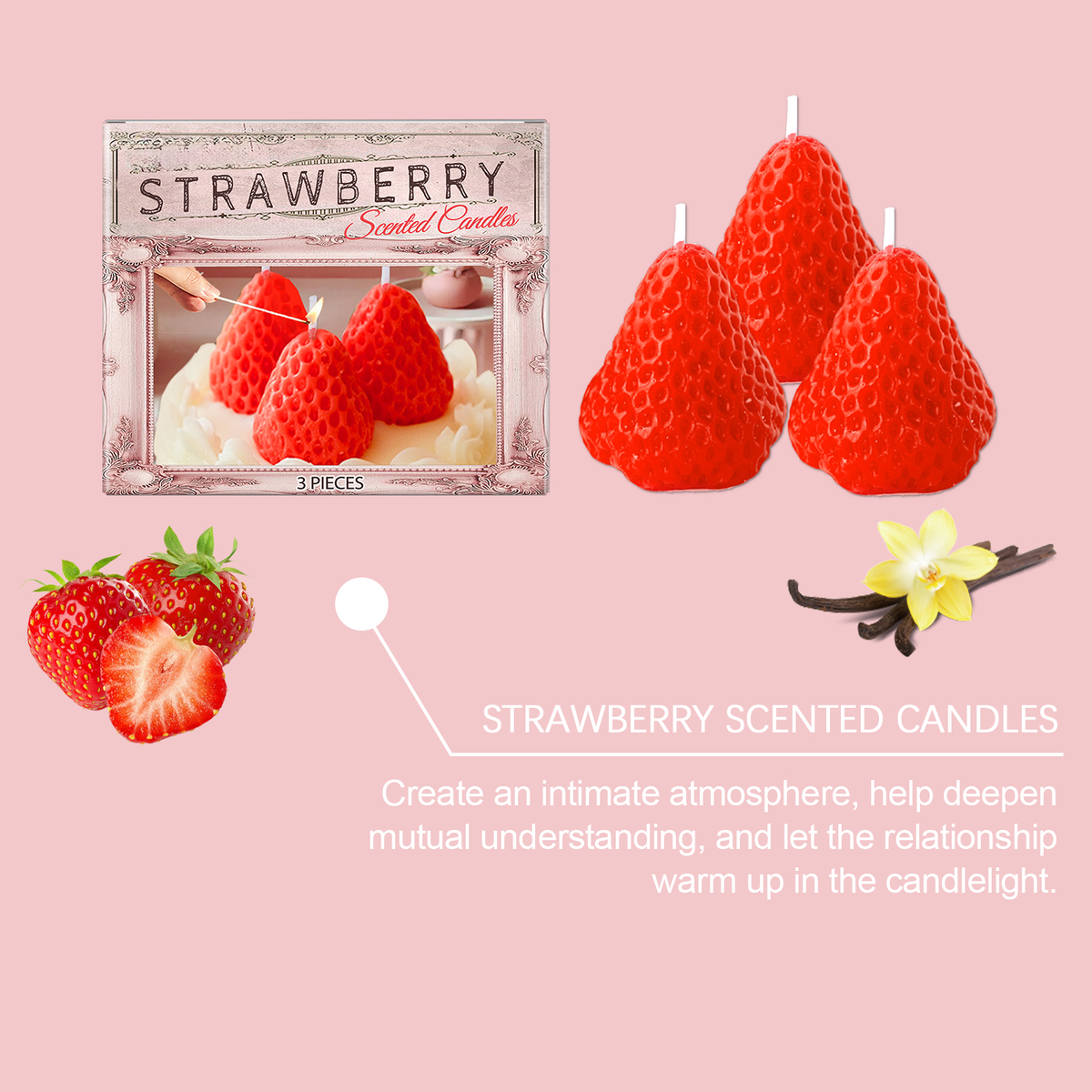 3 Pack Strawberry Shaped Scented Soy Wax Candles, Vanilla Strawberry Fragrance Candle for Bedroom, Romantic Home Decor & Holiday Gift