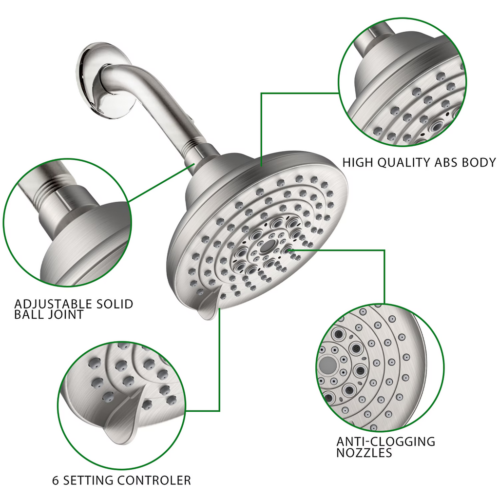 6-Setting High Pressure Rain Shower Head, 5 Inch, Fixed Wall Mount, Anti-Clog Nozzles, Works with Low Water Pressure