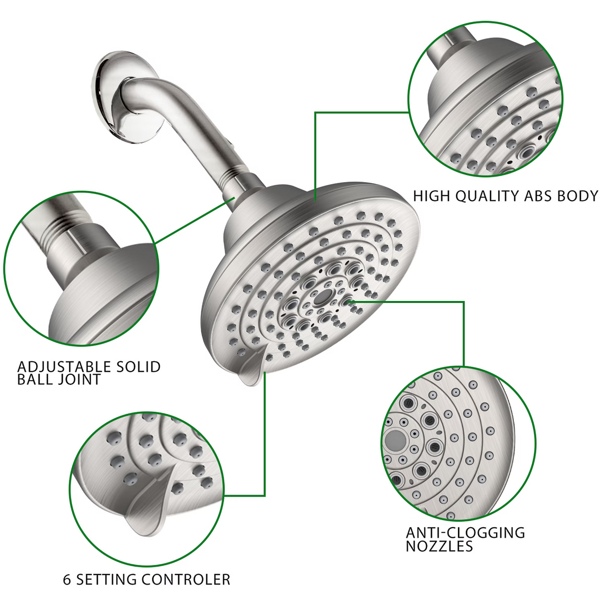 6-Setting High Pressure Rain Shower Head, 5 Inch, Fixed Wall Mount, Anti-Clog Nozzles, Works with Low Water Pressure