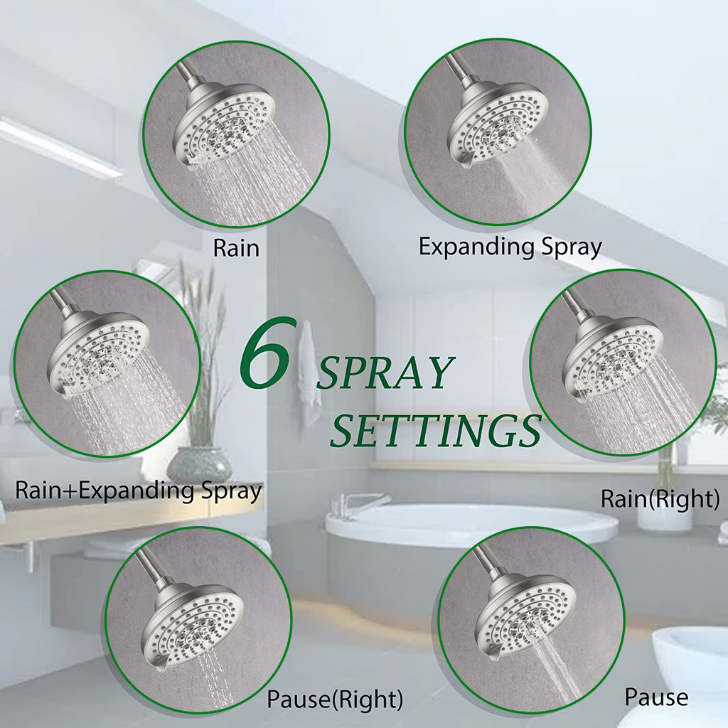 6-Setting High Pressure Rain Shower Head, 5 Inch, Fixed Wall Mount, Anti-Clog Nozzles, Works with Low Water Pressure