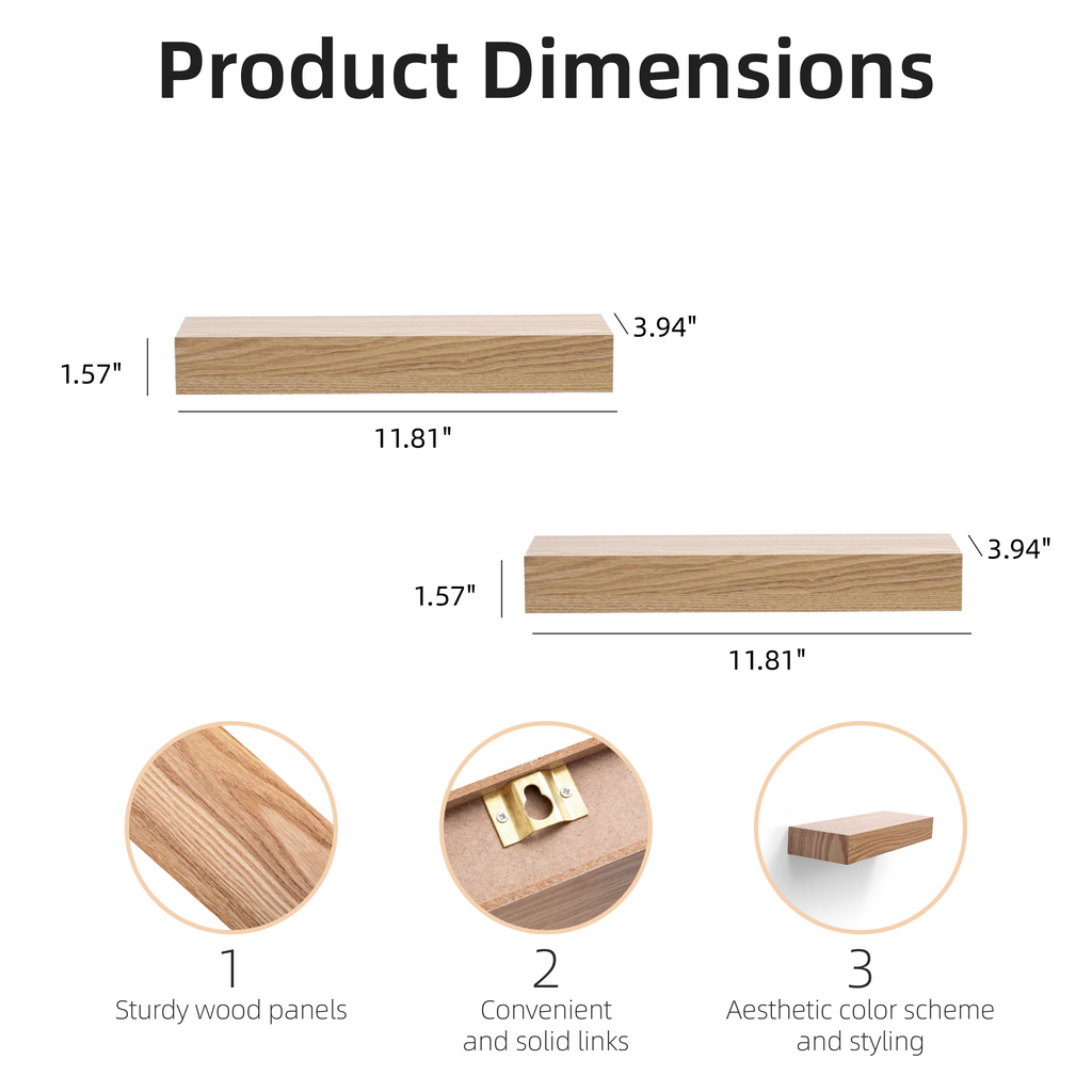 2-Piece Floating Wall Shelves, 11.81" Wood Wall Mounted Shelf Set for Books, Plants & Decor with Invisible Brackets, Tan
