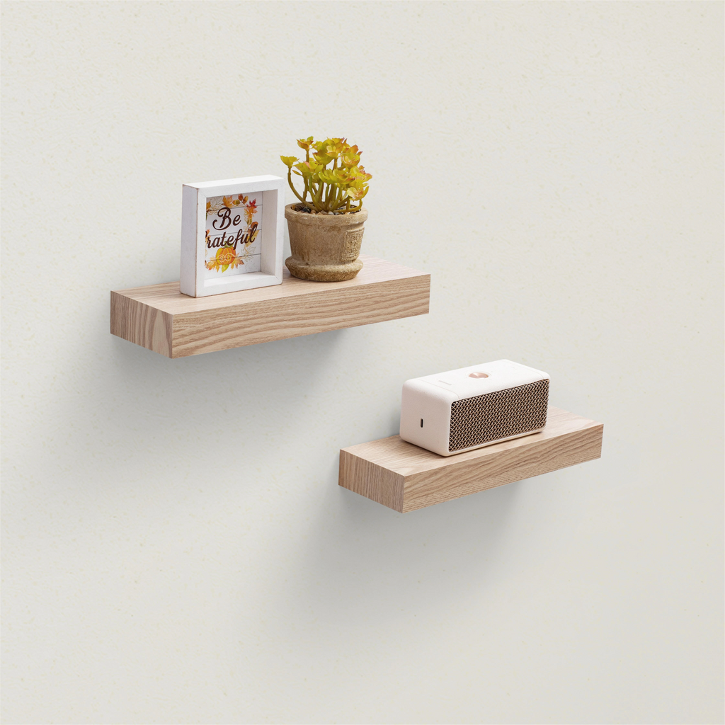 2-Piece Floating Wall Shelves, 11.81" Wood Wall Mounted Shelf Set for Books, Plants & Decor with Invisible Brackets, Tan