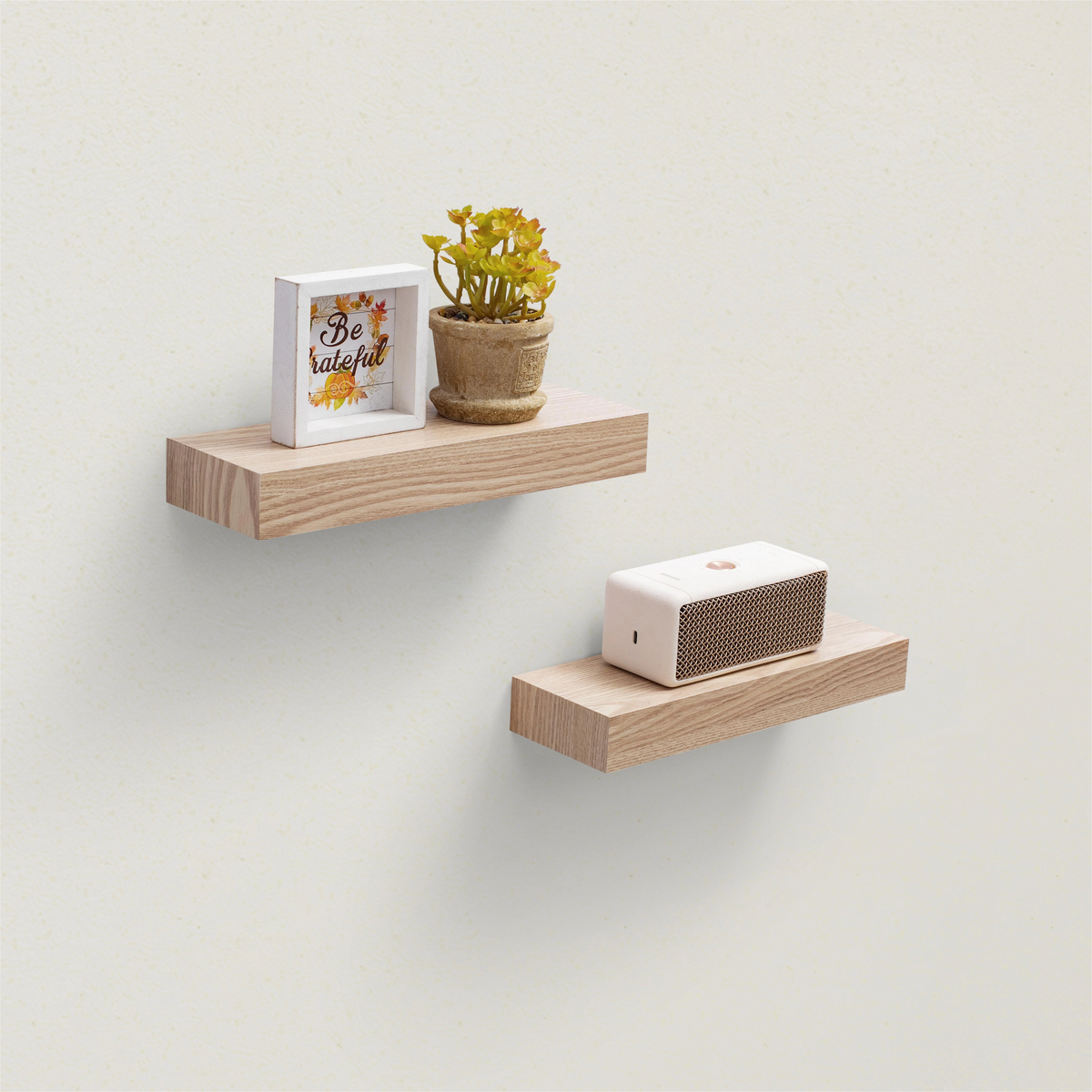 2-Piece Floating Wall Shelves, 11.81" Wood Wall Mounted Shelf Set for Books, Plants & Decor with Invisible Brackets, Tan