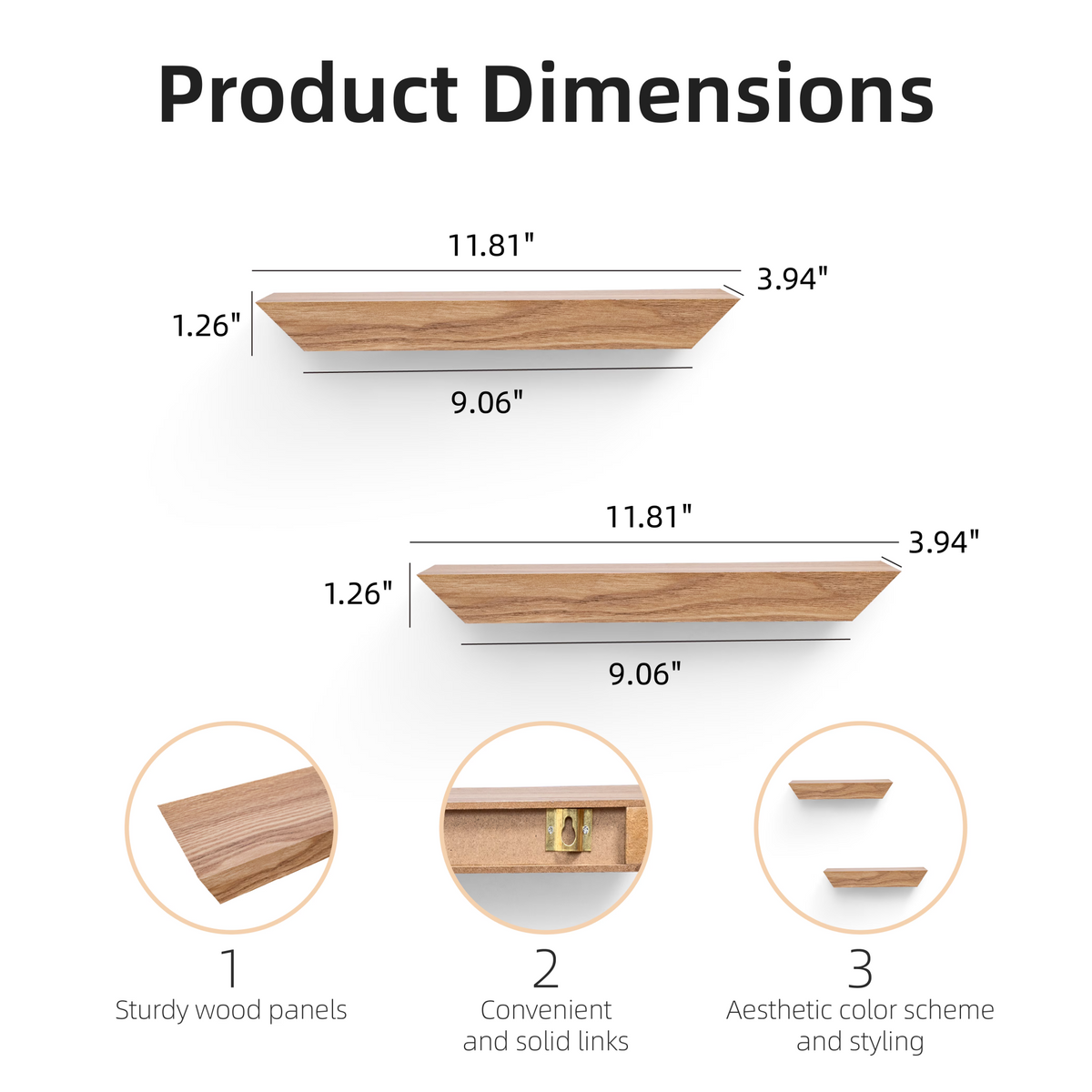 2-Piece Floating Wall Shelves, 11.81" Wood Wall Mounted Shelf Set for Books, Plants & Decor with Invisible Brackets, Tan
