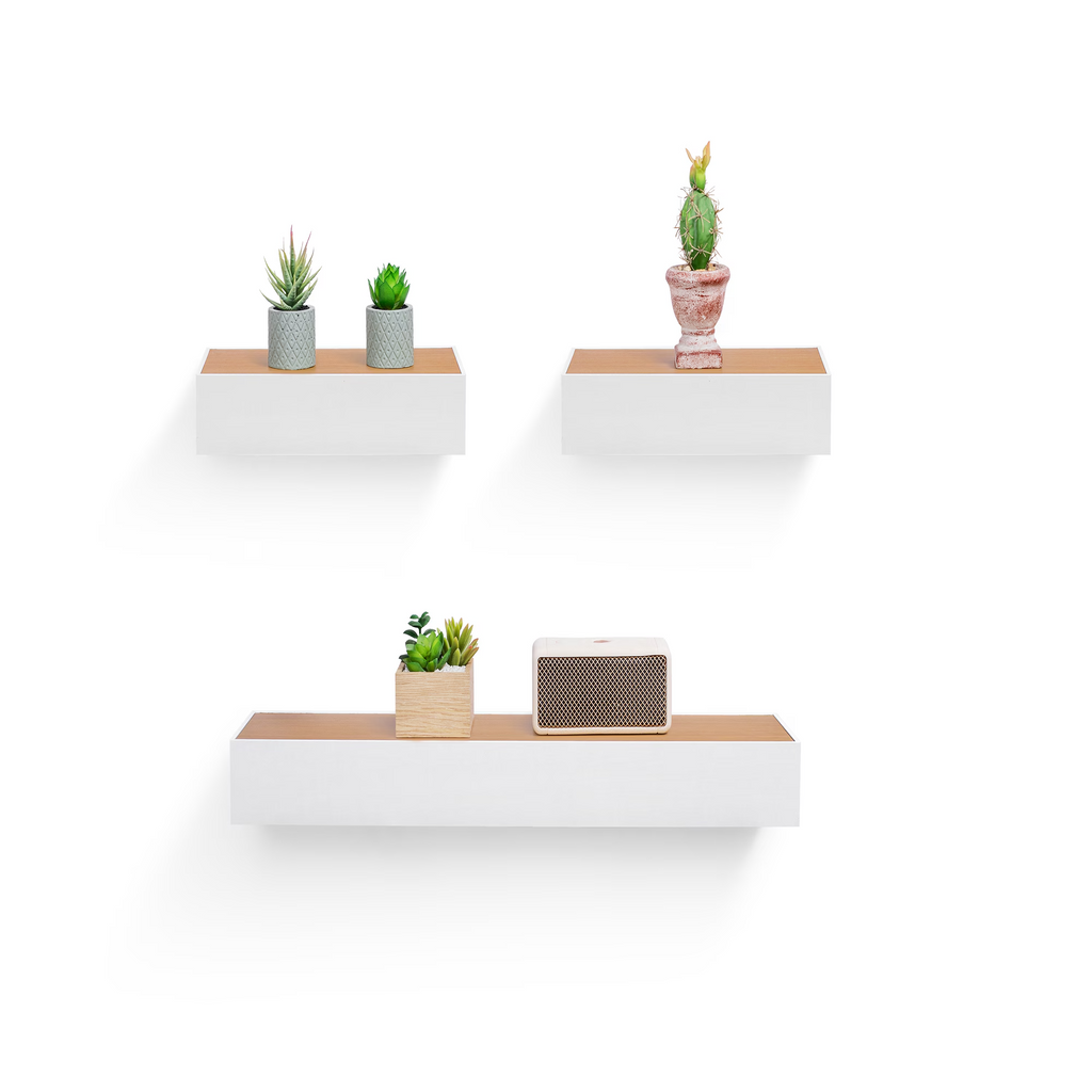 3-Piece Floating Wall Shelves, 23.62" Wood Wall Mounted Shelf Set for Books, Plants & Decor with Invisible Brackets, Tan+White