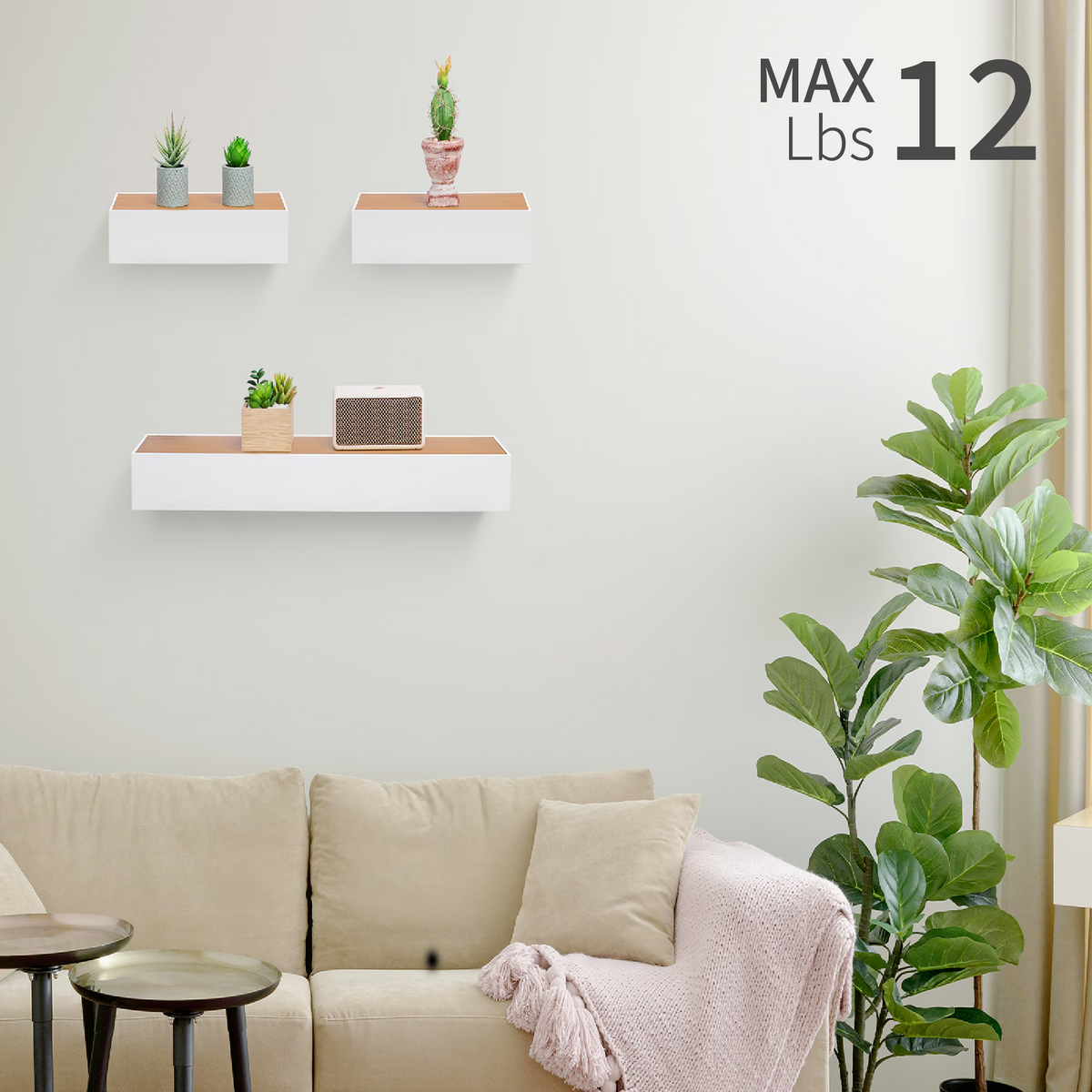 3-Piece Floating Wall Shelves, 23.62" Wood Wall Mounted Shelf Set for Books, Plants & Decor with Invisible Brackets, Tan+White