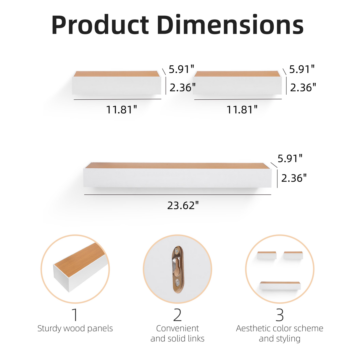 3-Piece Floating Wall Shelves, 23.62" Wood Wall Mounted Shelf Set for Books, Plants & Decor with Invisible Brackets, Tan+White