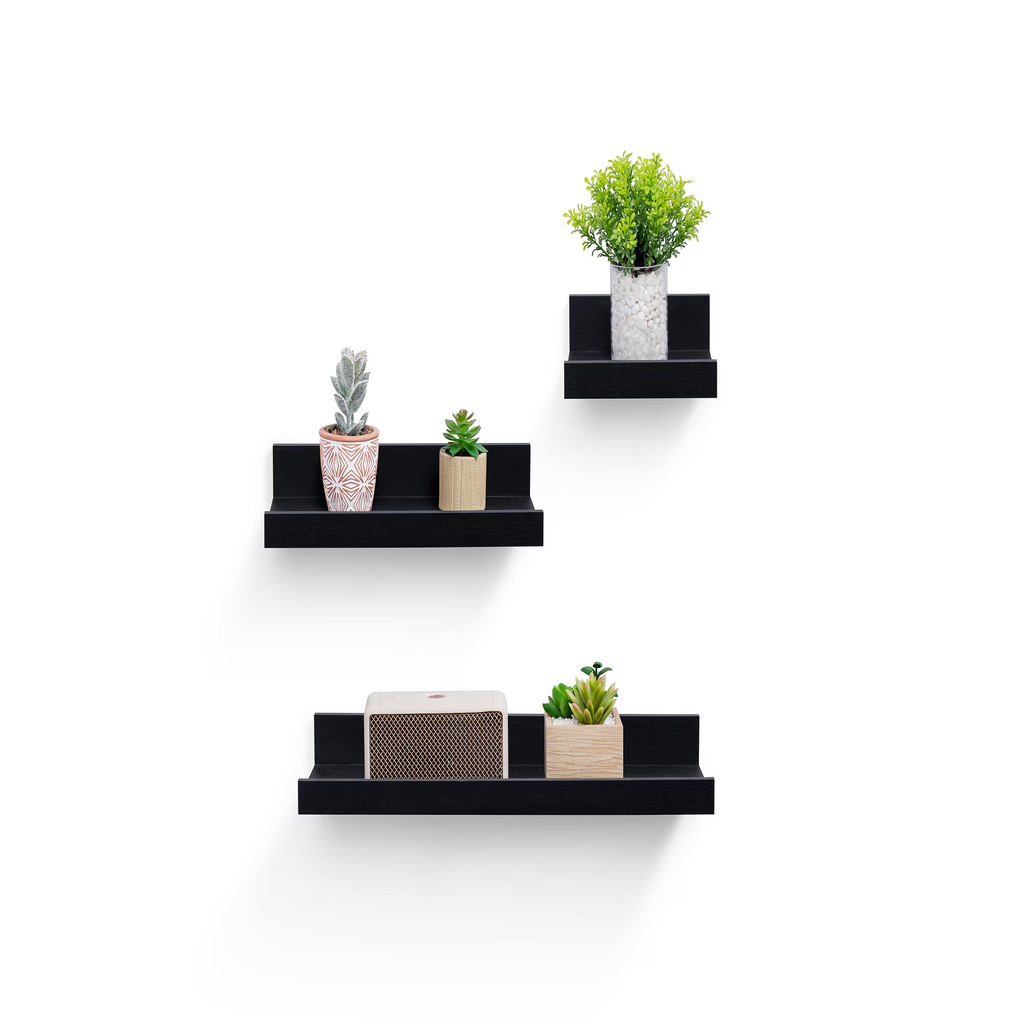 3-Piece Floating Wall Shelves, 15.75" Wood Wall Mounted Shelf Set for Books, Plants & Decor with Invisible Brackets, Black