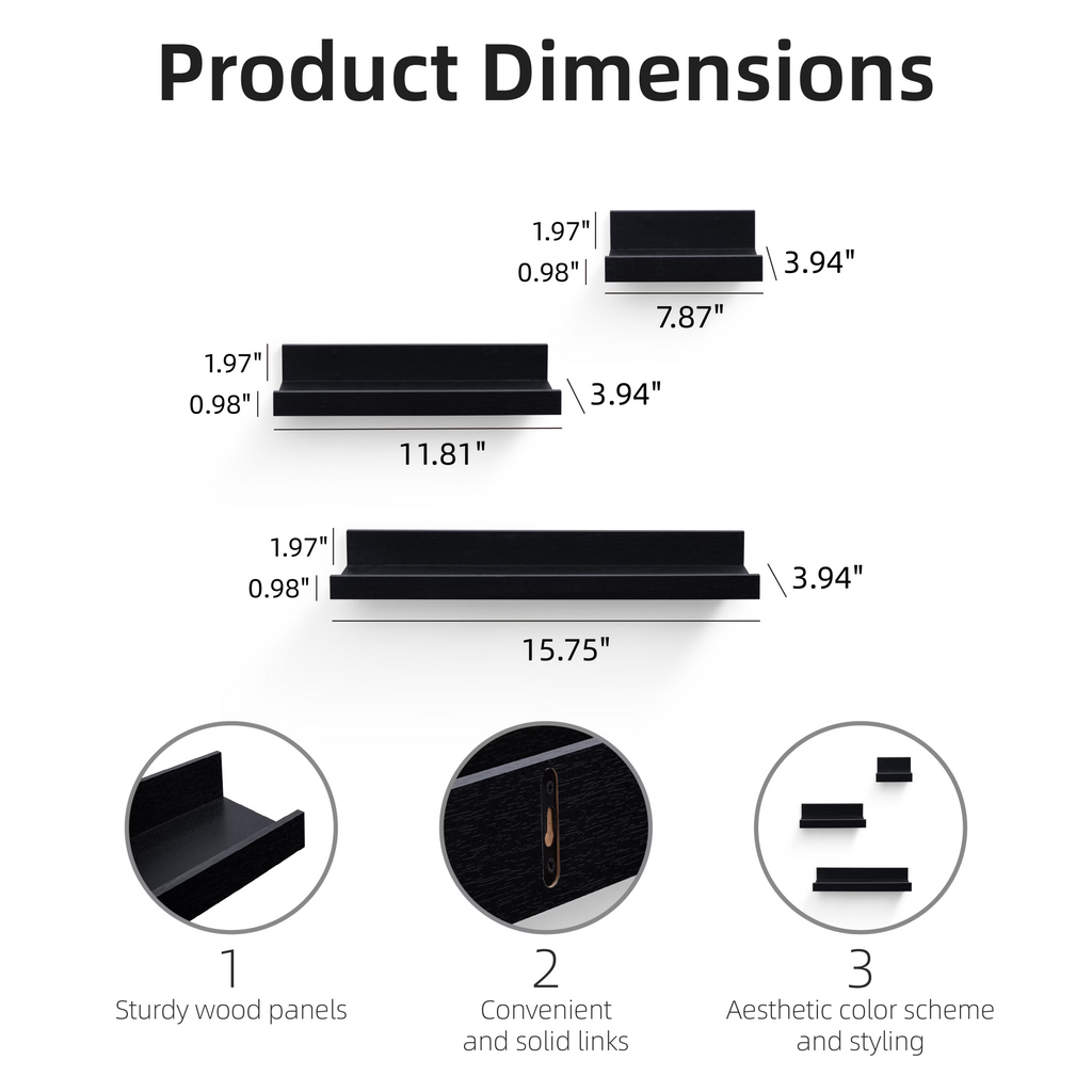 3-Piece Floating Wall Shelves, 15.75" Wood Wall Mounted Shelf Set for Books, Plants & Decor with Invisible Brackets, Black