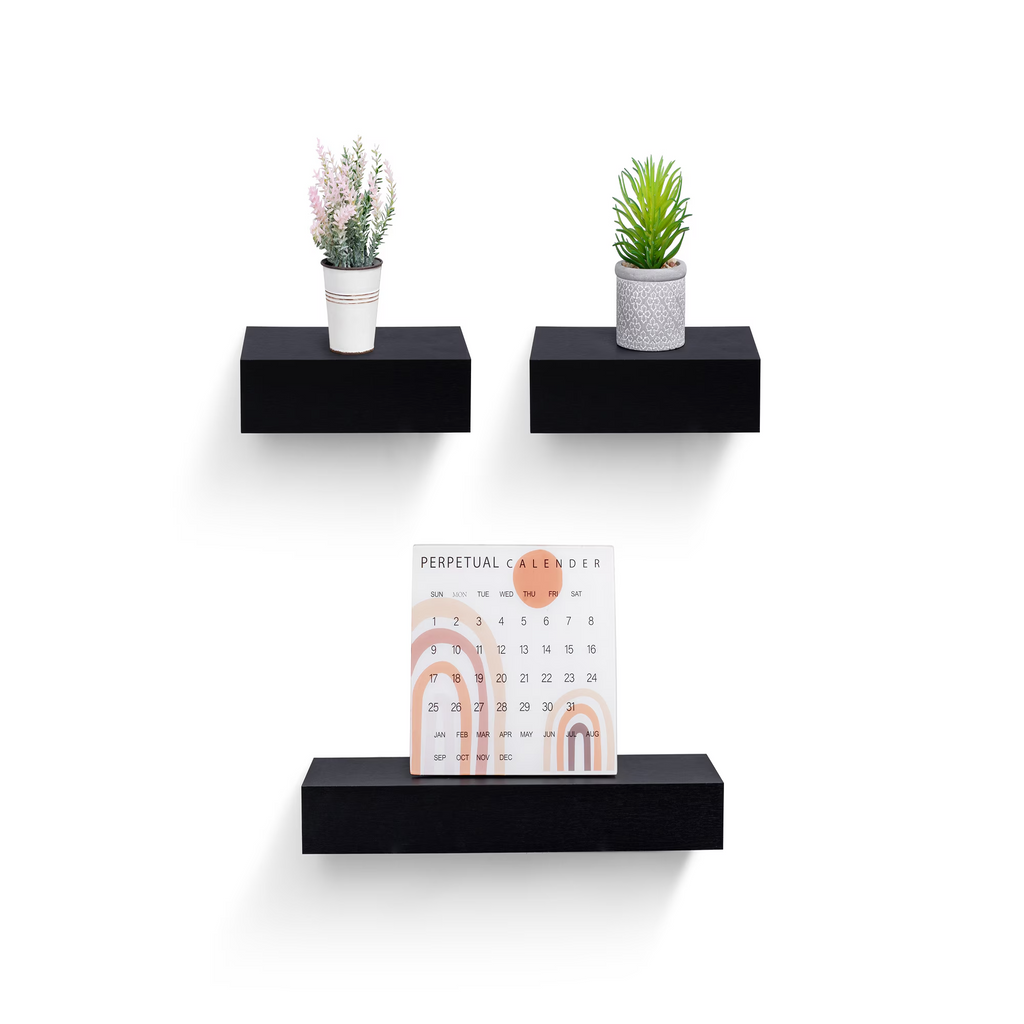 3-Piece Floating Wall Shelves, 18.11" Wood Wall Mounted Shelf Set for Books, Plants & Decor with Invisible Brackets, Black