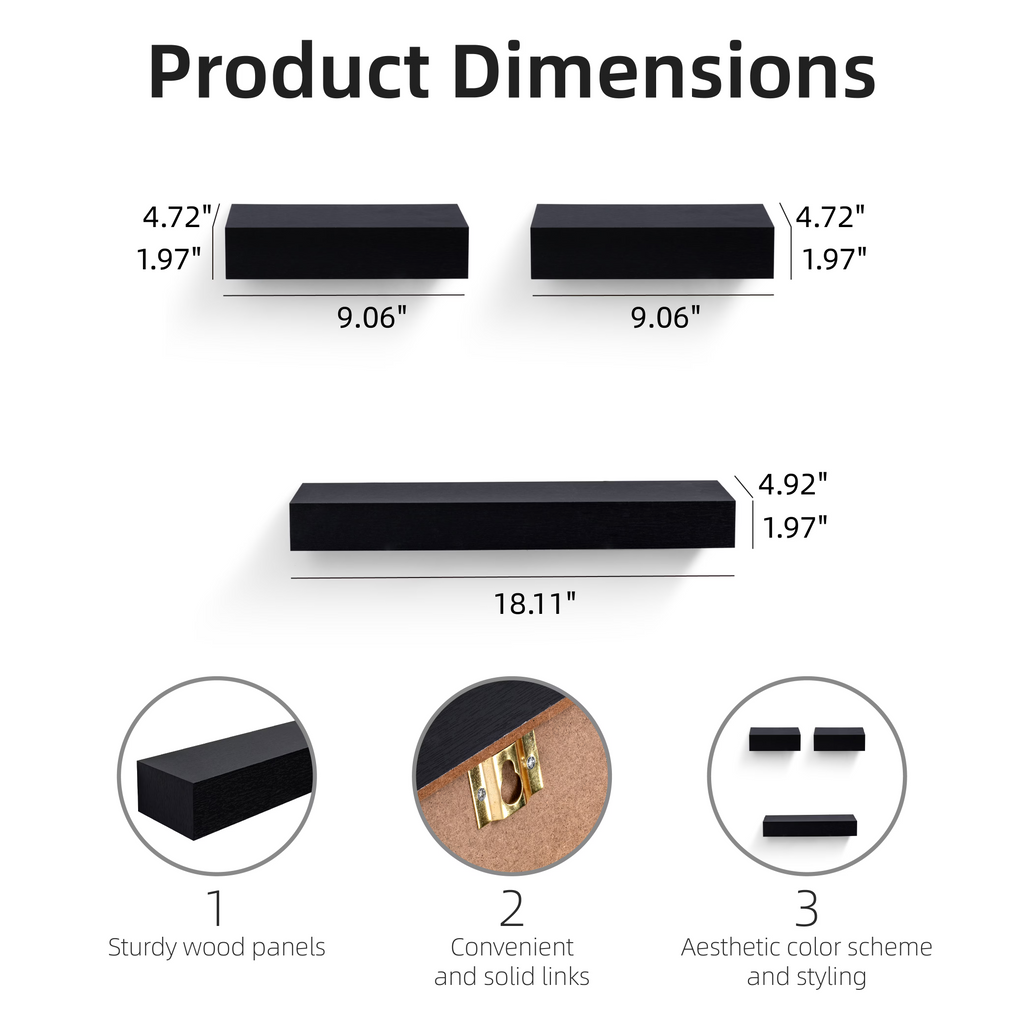 3-Piece Floating Wall Shelves, 18.11" Wood Wall Mounted Shelf Set for Books, Plants & Decor with Invisible Brackets, Black