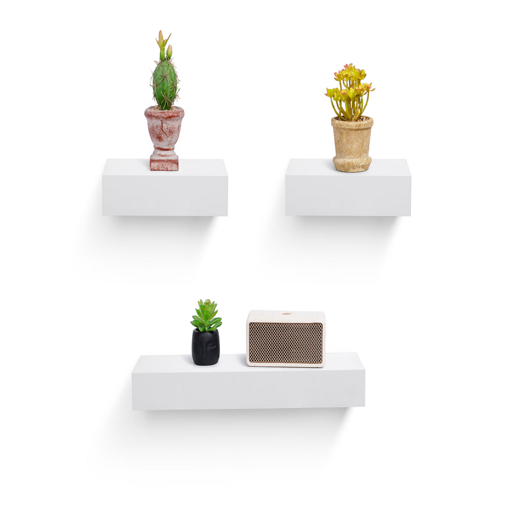 3-Piece Floating Wall Shelves, 18.11" Wood Wall Mounted Shelf Set for Books, Plants & Decor with Invisible Brackets, White