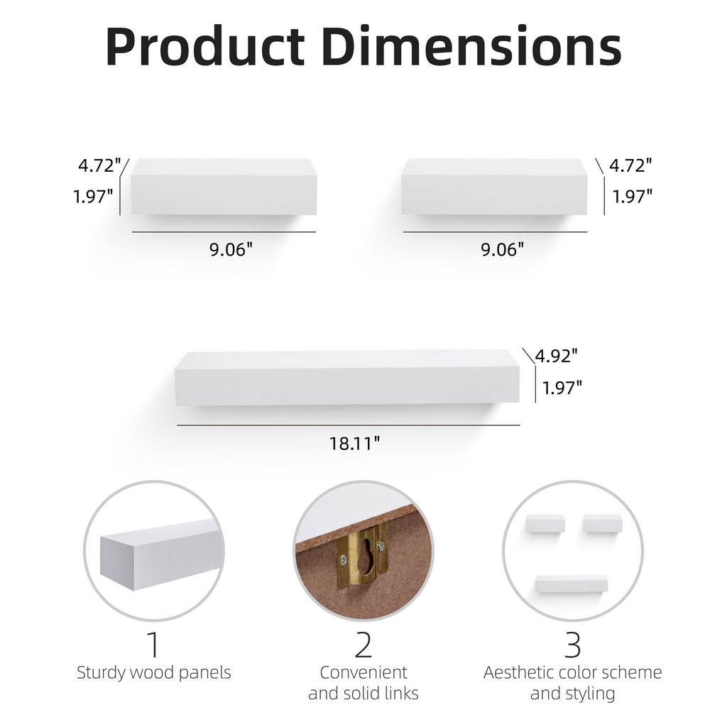 3-Piece Floating Wall Shelves, 18.11" Wood Wall Mounted Shelf Set for Books, Plants & Decor with Invisible Brackets, White