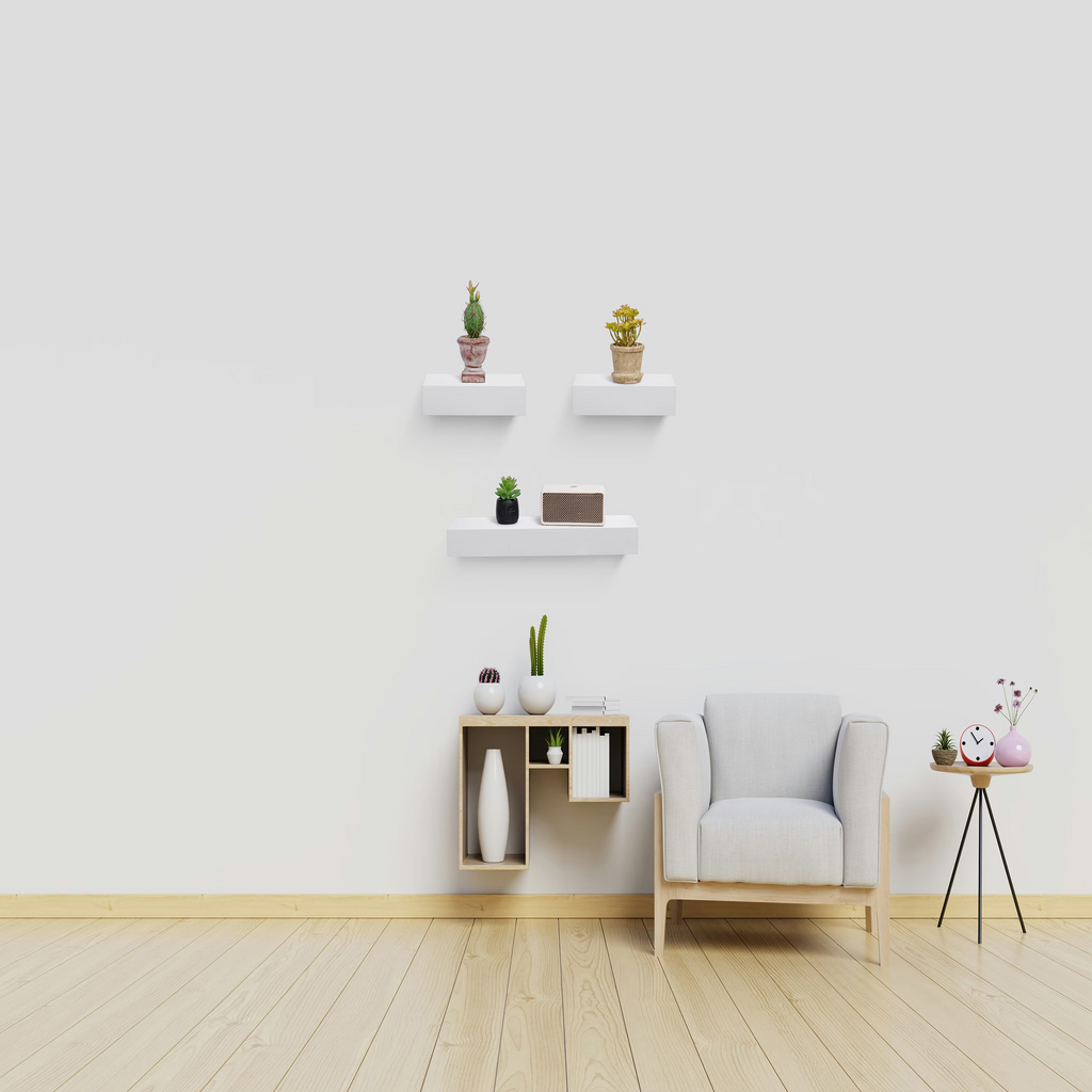 3-Piece Floating Wall Shelves, 18.11" Wood Wall Mounted Shelf Set for Books, Plants & Decor with Invisible Brackets, White