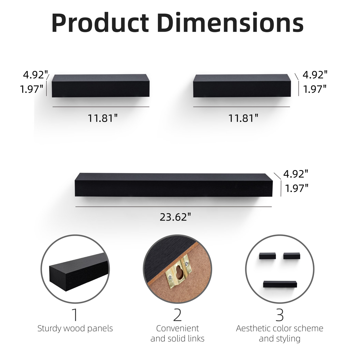 3-Piece Floating Wall Shelves, 23.62" Wood Wall Mounted Shelf Set for Books, Plants & Decor with Invisible Brackets, Black