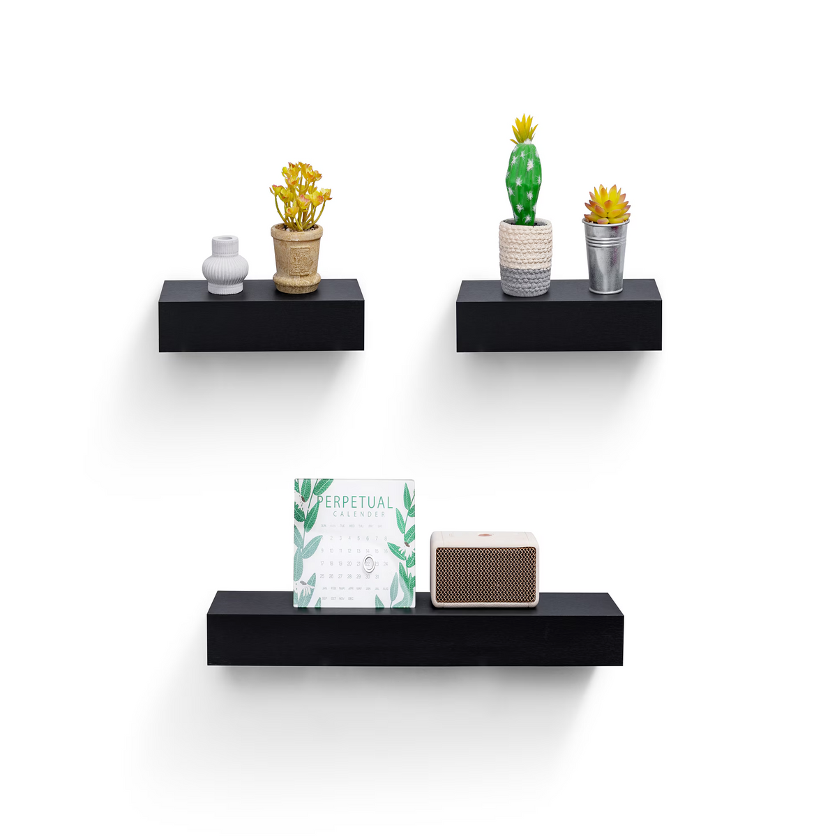 3-Piece Floating Wall Shelves, 23.62" Wood Wall Mounted Shelf Set for Books, Plants & Decor with Invisible Brackets, Black