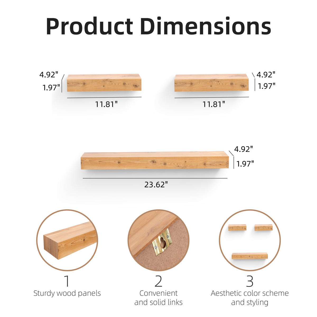 3-Piece Floating Wall Shelves, 23.62" Wood Wall Mounted Shelf Set for Books, Plants & Decor with Invisible Brackets, Tan