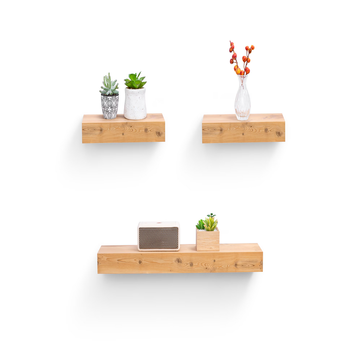 3-Piece Floating Wall Shelves, 23.62" Wood Wall Mounted Shelf Set for Books, Plants & Decor with Invisible Brackets, Tan