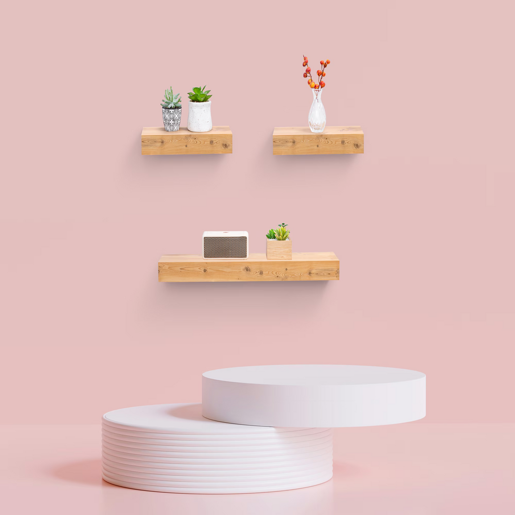 3-Piece Floating Wall Shelves, 23.62" Wood Wall Mounted Shelf Set for Books, Plants & Decor with Invisible Brackets, Tan