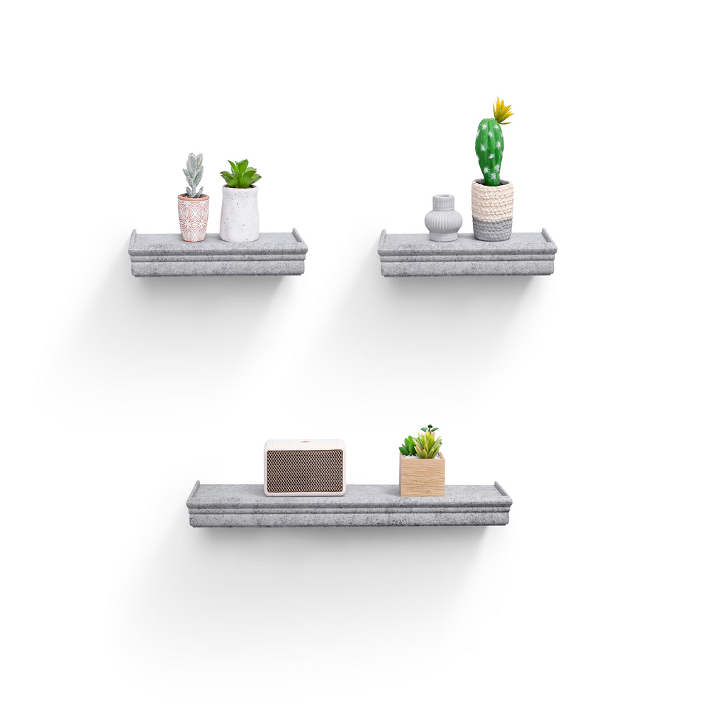 3-Piece Floating Wall Shelves, 23.62" Wood Wall Mounted Shelf Set for Books, Plants & Decor with Invisible Brackets, Gray