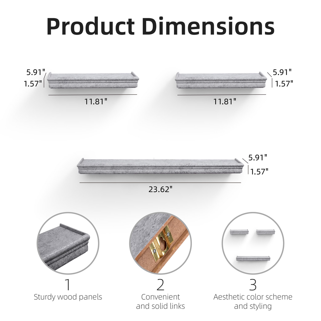 3-Piece Floating Wall Shelves, 23.62" Wood Wall Mounted Shelf Set for Books, Plants & Decor with Invisible Brackets, Gray