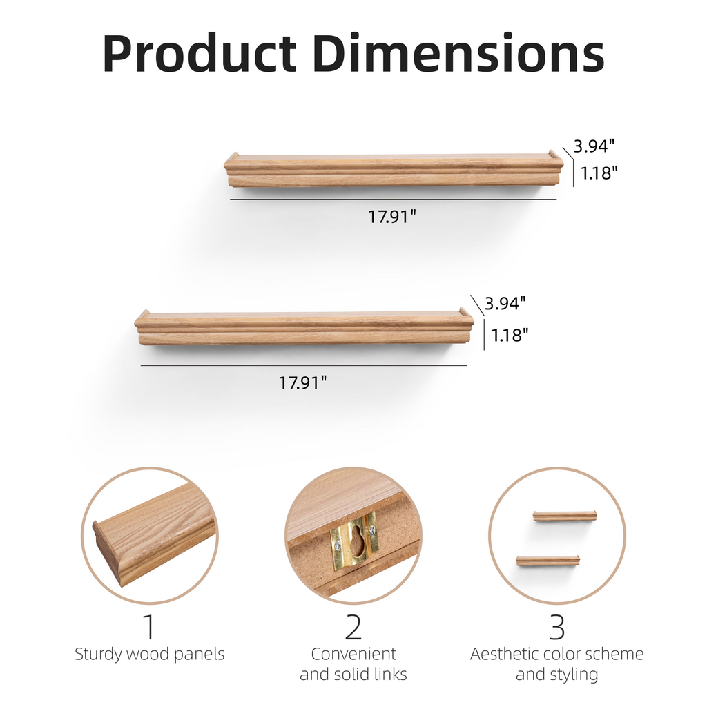 2-Piece Floating Wall Shelves, 17.91" Wood Wall Mounted Shelf Set for Books, Plants & Decor with Invisible Brackets, Tan