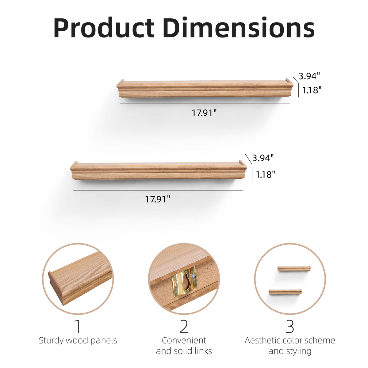 2-Piece Floating Wall Shelves, 17.91" Wood Wall Mounted Shelf Set for Books, Plants & Decor with Invisible Brackets, Tan