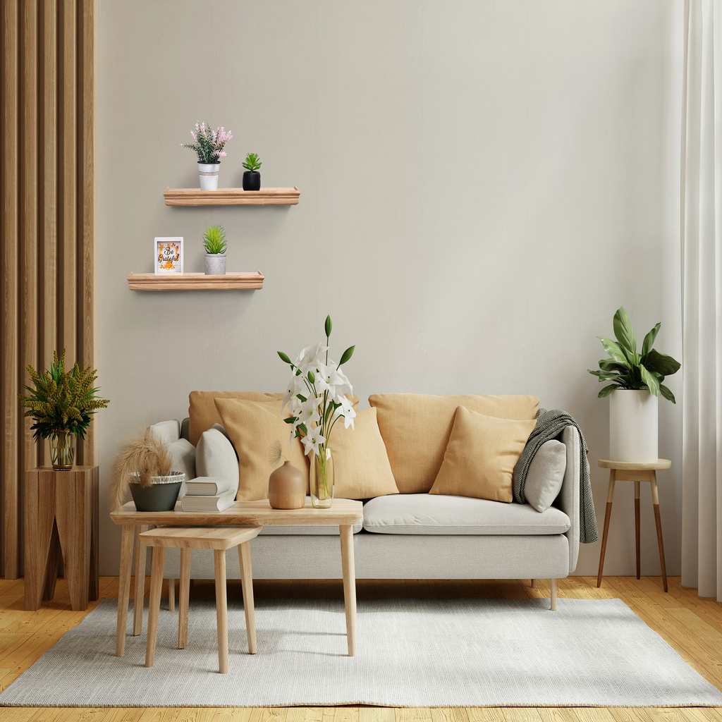 2-Piece Floating Wall Shelves, 17.91" Wood Wall Mounted Shelf Set for Books, Plants & Decor with Invisible Brackets, Tan