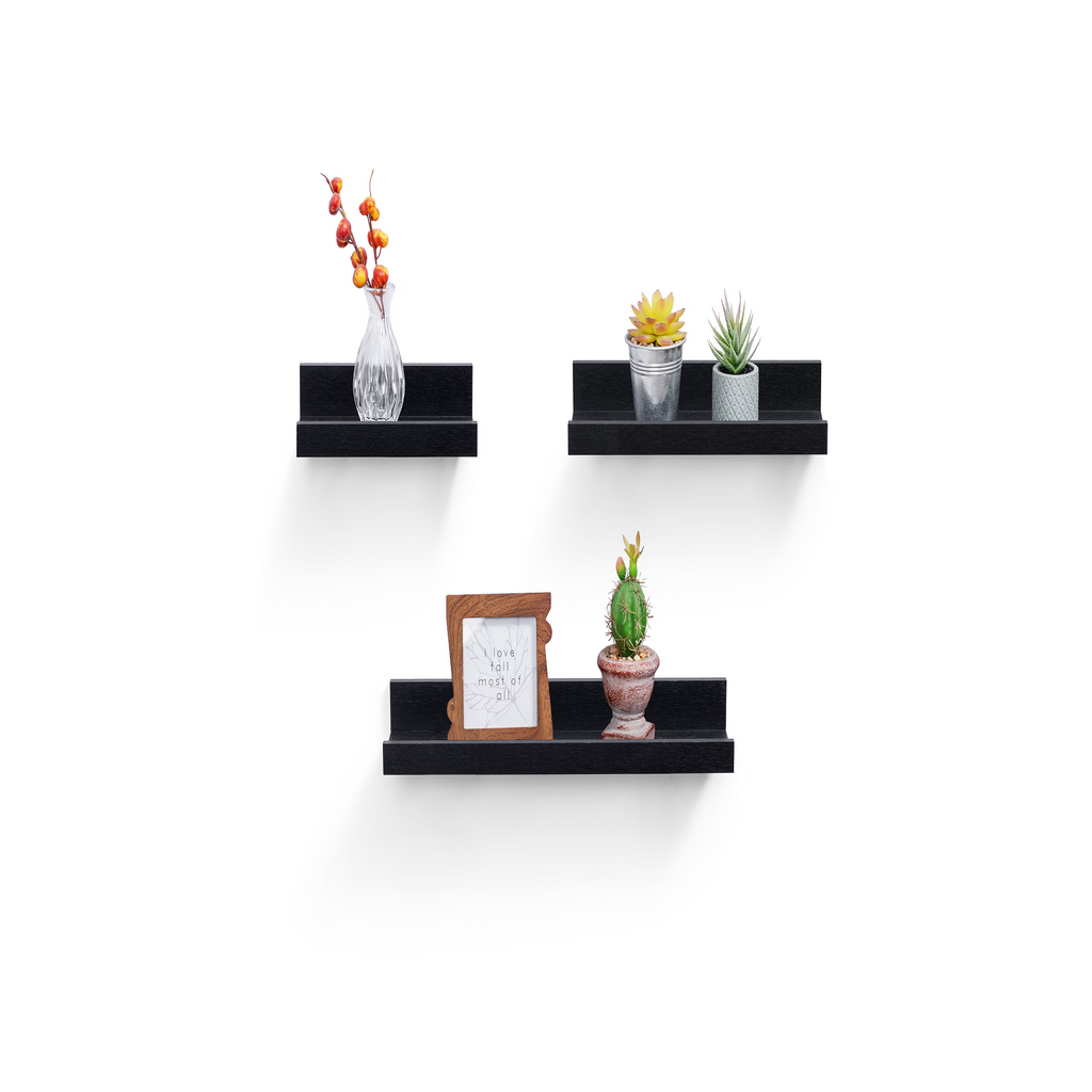 3-Piece Floating Wall Shelves, 18.11" Wood Wall Mounted Shelf Set for Books, Plants & Decor with Invisible Brackets, Black